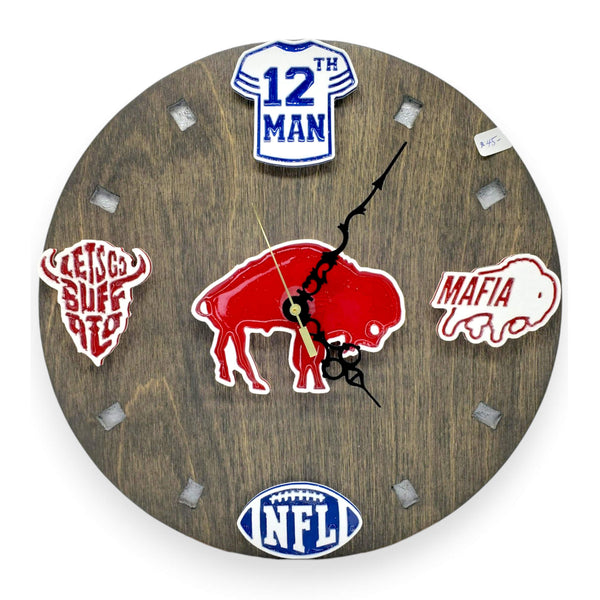 Buffalo Throwback Football Fan Art Wall Clock (red/white) - 12-Inch Handmade Wood Sports Decor