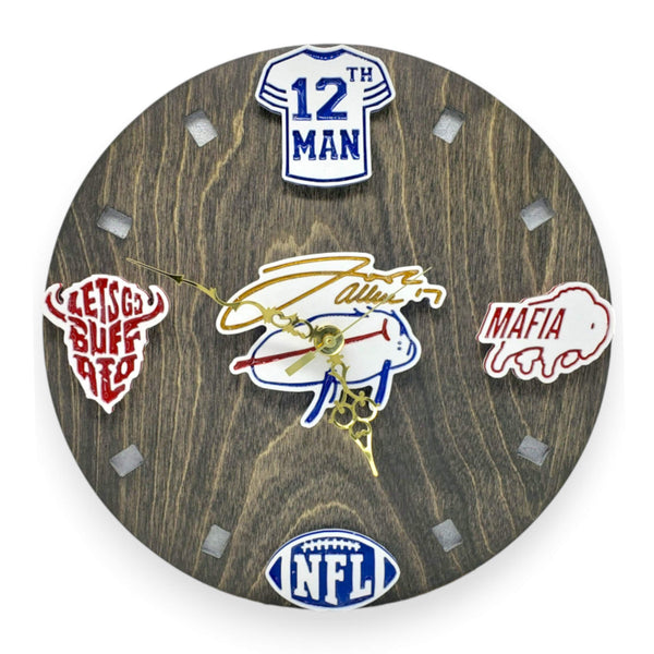 Buffalo Potato Football Fan Art Wall Clock - 12-Inch Handmade Wood Sports Decor