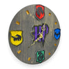 Dark Wizard School House Crest Fan Art Wall Clock (dark/multicolor) - 12-Inch Handmade Wood Fantasy Decor