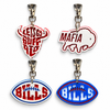 Four Buffalo football-inspired HDPE keychain designs with metal swivel clasps on a white background