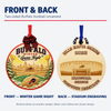 Buffalo Winter Game Night ornament front and engraved stadium back, showing both sides of one ornament
