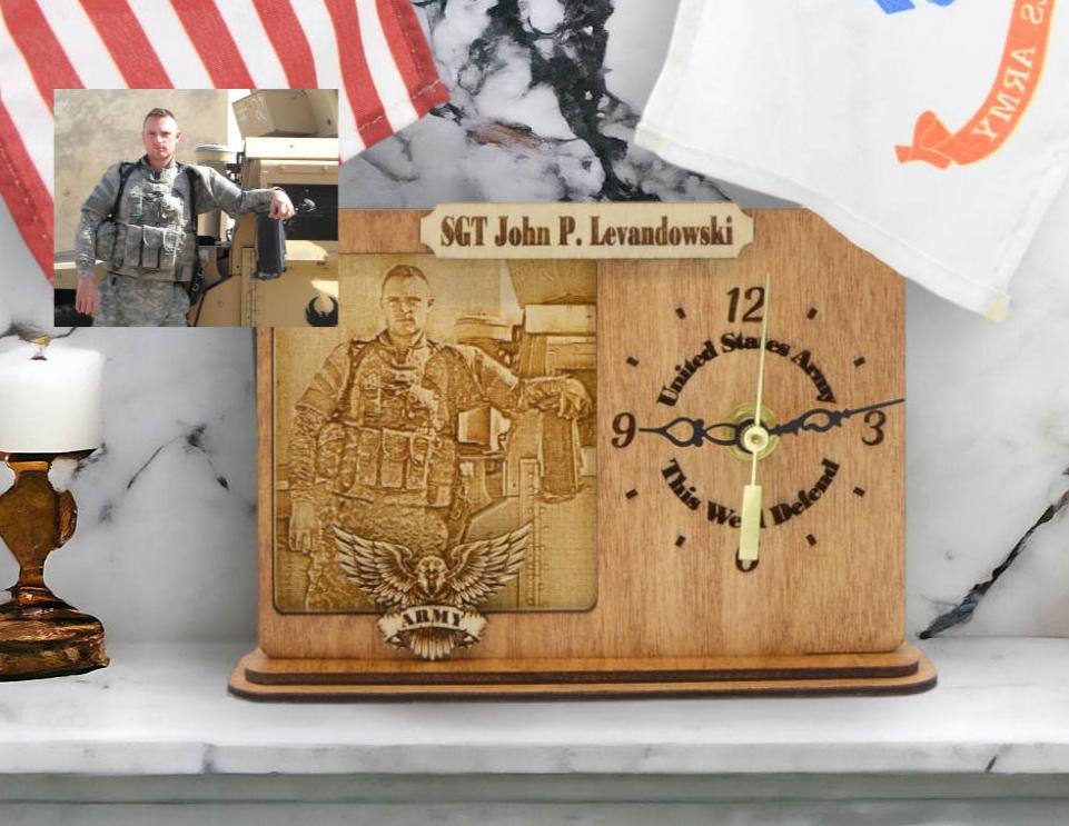 Military Tribute Framed Desk Clock - Custom Engraved Portrait & Military Branch | DogPound Creations